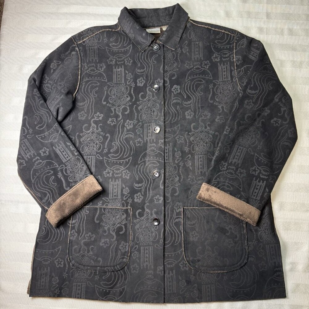 Chico’s VTG Sz 2 Faux Suede/Fur Celestial Artistic Patterned Button Front Jacket